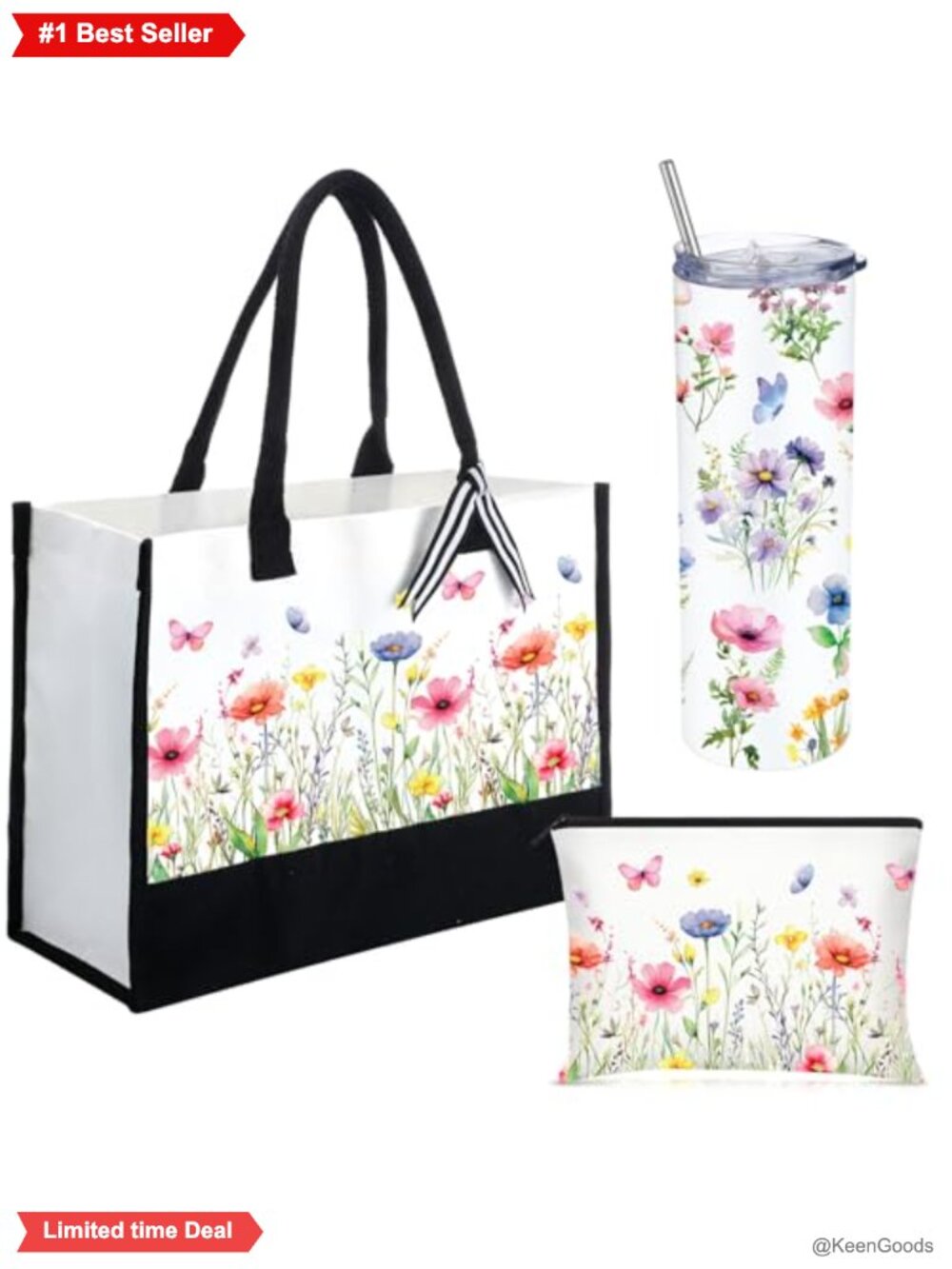 Canvas Tote Bag & Makeup Pouch Set with 20oz Stainless Steel Tumbler
